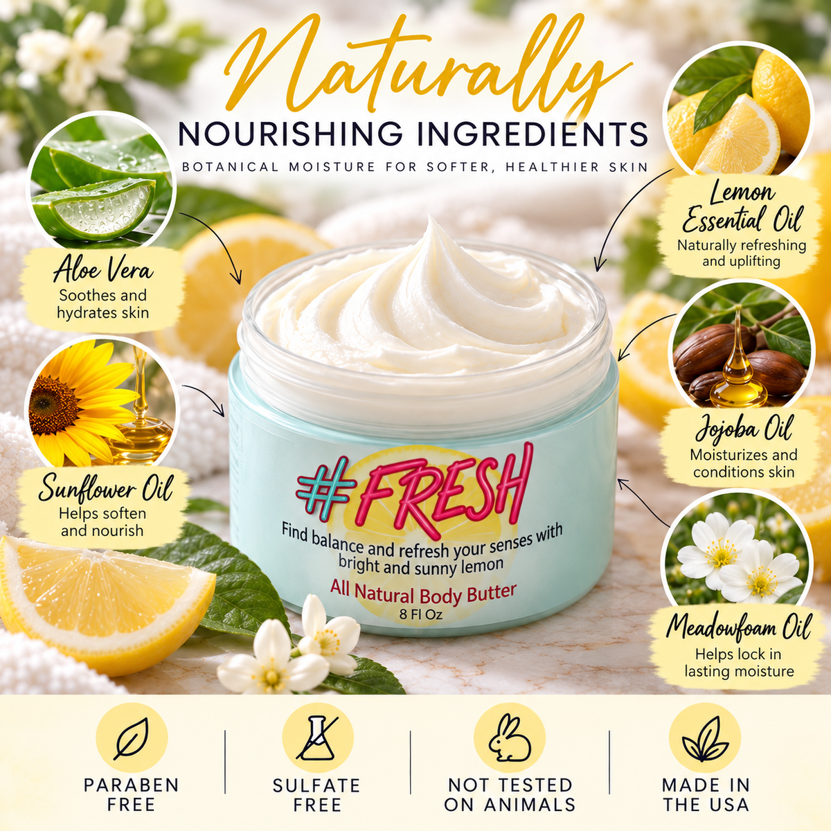 Fresh Lemon Whipped Body Butter – All Natural Moisturizer with Essential Oil | 8 oz