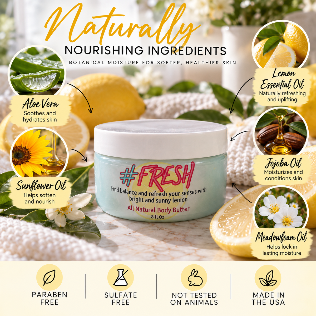 Fresh Lemon Whipped Body Butter – All Natural Moisturizer with Essential Oil | 8 oz