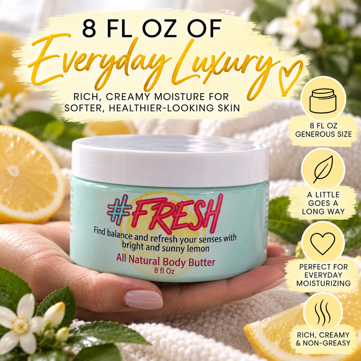 Fresh Lemon Whipped Body Butter – All Natural Moisturizer with Essential Oil | 8 oz