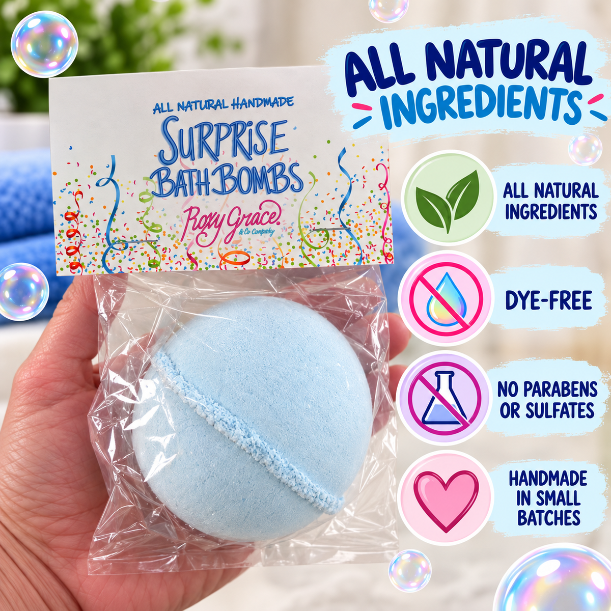 Natural Surprise Bath Bomb for Boys- Dye-free, 3-inch Bath Bomb with Mystery Toy Inside