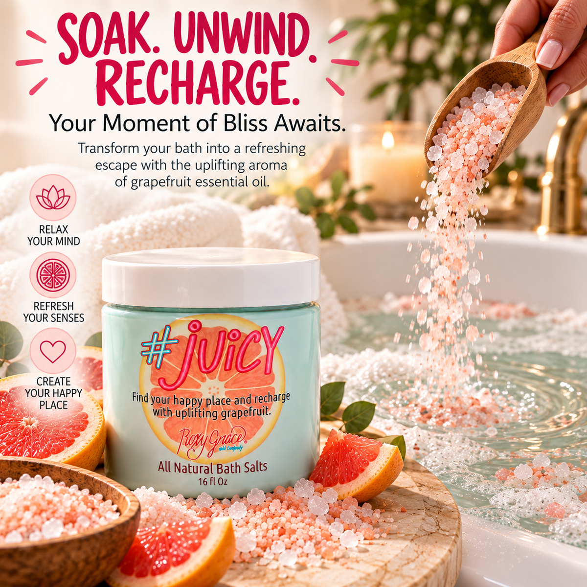Juicy Grapefruit Essential Oil Bath Salts – 16 oz