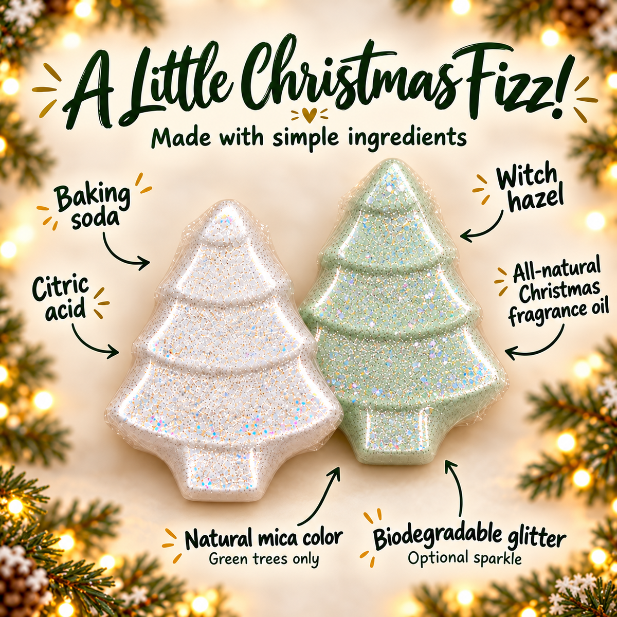 Christmas Tree Bath Bomb – White or Light Green, Optional Glitter